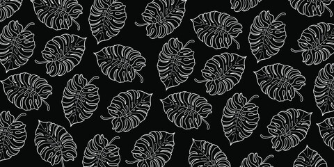 Black and white tropical leaves pattern. Palm tree background. Textile, fabric, texture, poster. Vector illustration EPS 10