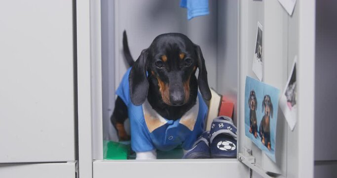 Confused dachshund puppy in blue jumpsuit is standing in locker with open door, on which family photos of dogs hang. Mischievous pet wants to make a mess or is playing hide-and-seek.