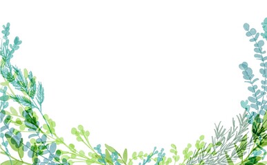 水彩画。水彩画で描いた緑のハーブイラスト。草木の植物フレーム。シンプル背景。Watercolor painting. Green herb illustration in watercolor. Plants and trees plant frame. Simple background.