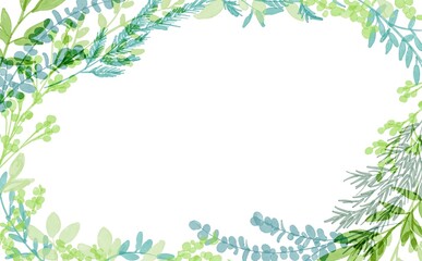 水彩画。水彩画で描いた緑のハーブイラスト。草木の植物フレーム。シンプル背景。Watercolor painting. Green herb illustration in watercolor. Plants and trees plant frame. Simple background.