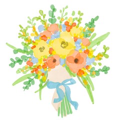 水彩画。水彩画で描いた花束。水彩タッチのウエディングブーケ。Watercolor painting. Bouquet painted with watercolors. Wedding bouquet with a touch of watercolor.