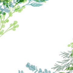 Fototapeta premium 水彩画。水彩画で描いた緑のハーブイラスト。草木の植物フレーム。シンプル背景。Watercolor painting. Green herb illustration in watercolor. Plants and trees plant frame. Simple background.