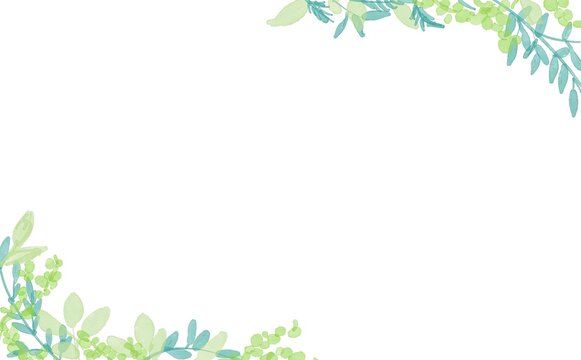 水彩画。水彩画で描いた緑のハーブイラスト。草木の植物フレーム。シンプル背景。Watercolor painting. Green herb illustration in watercolor. Plants and trees plant frame. Simple background.