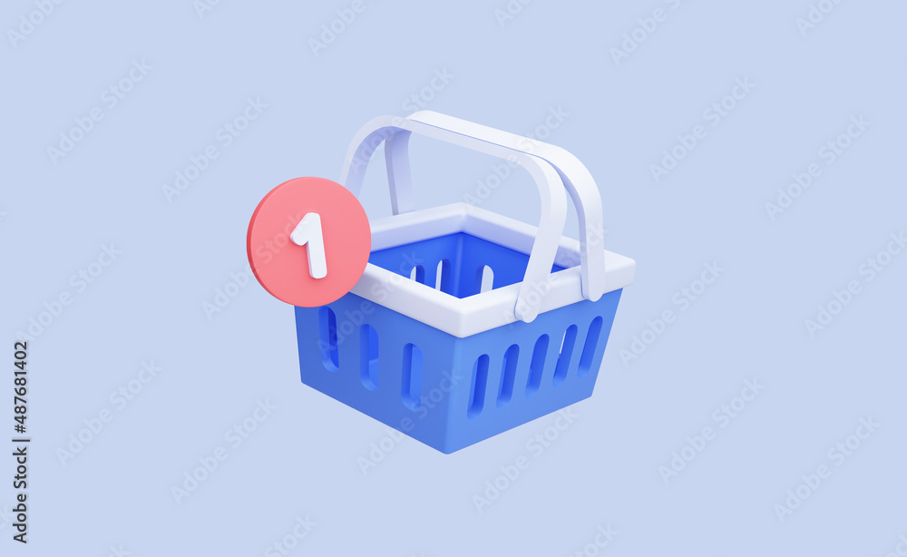 Poster shopping cart with one notification of added item. cartoon icon isolated on background. add to cart.