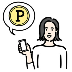 スマートフォンを持ってポイントの説明をしている若い女性
