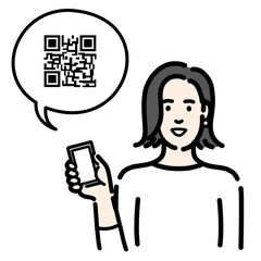 スマートフォンを持ってQRコードの説明をしている若い女性
