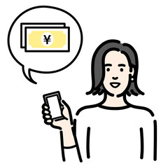 スマートフォンを持ってお金の説明をしている若い女性

