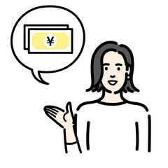 お金の説明をしている若い女性
