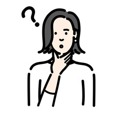 顎に手をあてて考えている若い女性
