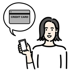 スマートフォンを持ってクレジットカードの説明をしている若い女性
