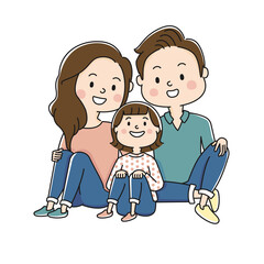 3人家族集合,座る,ポーズ,娘,家族,笑顔,子育て,素材