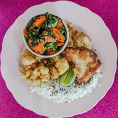 healthy meal top view with chicken and rice