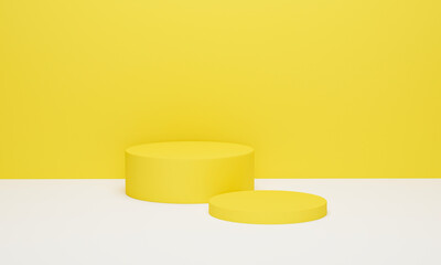 Cylinder podium on yellow background minimal scene with yellow geometric platform. Podium stand for products display. 3d render, 3d illustration.