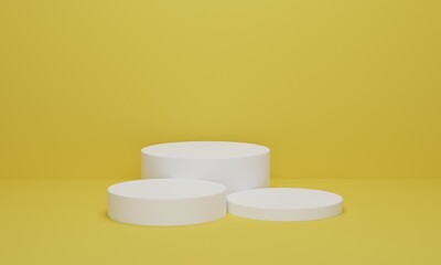 White cylinder podium on yellow background minimal scene with yellow geometric platform. Podium stand for products display. 3d render, 3d illustration.