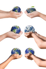 collection of hand holding globe earth isolated on white background with clipping path. Elements of...