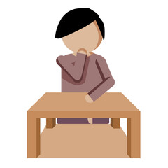 Man Sitting with cheerful emotion, with Wooden Table