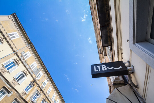 LJUBLJANA, SLOVENIA - JUNE 18, 2021: LTB Jeans logo on their local retailer in Ljubljana. Little Big Jeans, or LTB is a Turkish fashion retailer specialized in denim and clothing. ..