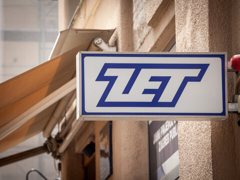 ZAGREB, CROATIA - JUNE 20, 2021: ZET logo on front of their main selling point in Zagre. Zet, or Zagrebacki Elektricni Tramvaj is the  the public transportation authority of Zagreb...