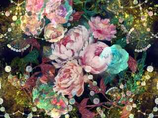 Botanical bouquet of roses, peonies and peonies with mother-of-pearl wallpaper illustration