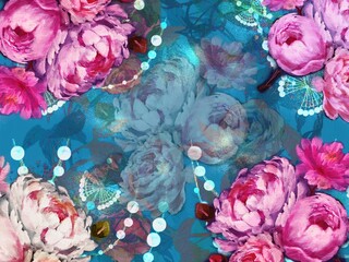 Botanical bouquet of roses, peonies and peonies with mother-of-pearl wallpaper illustration	