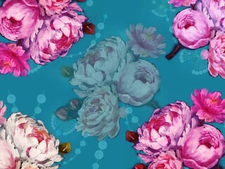 Botanical bouquet of roses, peonies and peonies with mother-of-pearl wallpaper illustration	