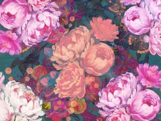 Botanical bouquet of roses, peonies and peonies with mother-of-pearl wallpaper illustration	