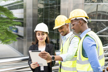 Group of Engineer Worker Wearing Safety Uniform and Hard Hat Uses Tablet Computer. Happy Successful.