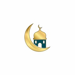 gold mosque logo design on isolated background, ramadan kareem icon, mosque with half moon logo
