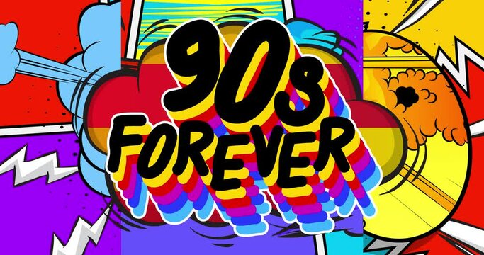 90s Forever. Comic Book Words. Motion poster. 4k animated words, text moving on abstract comics background. Retro pop art style.