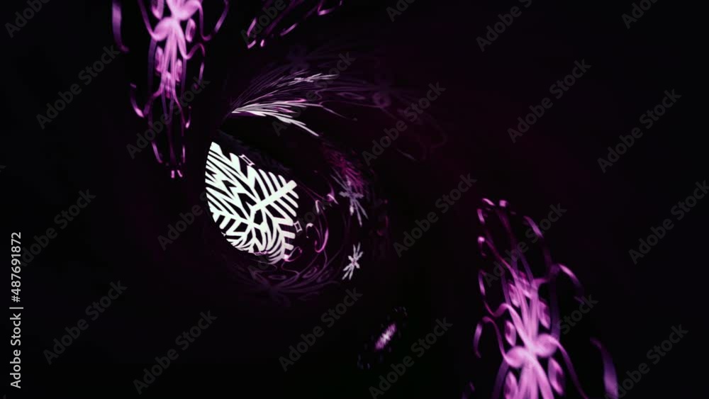 Poster abstract loop hypnotic dark snowflakes tunnel rotation animation. 4k 3d art infinite loop science fi