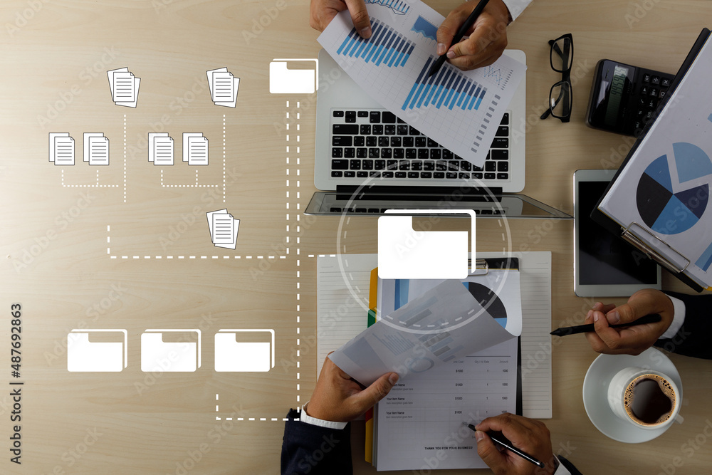 Poster man work document management data document on digital tablet online documentation database
