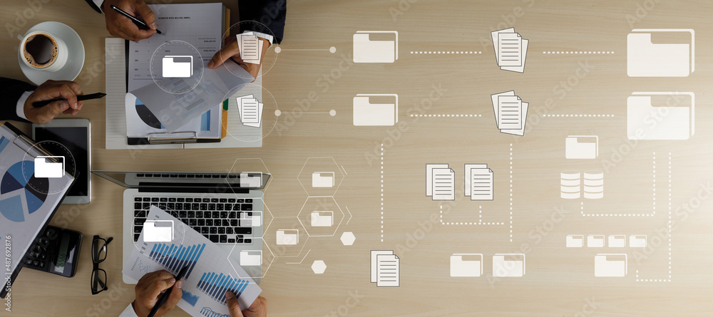Poster man work document management data document on digital tablet online documentation database