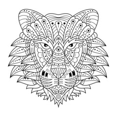 Hand drawn of tiger head in zentangle style