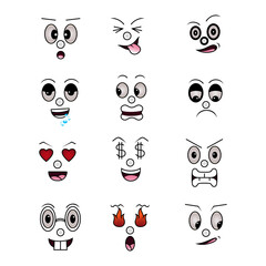 Cartoon faces expressions set on white background