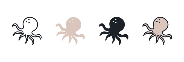 Octopus icon. Linear flat color icons contour shape outline. Black isolated silhouette. Fill solid icon. Modern glyph design. Set of vector illustrations. Meat products fish and sea food. Marine life