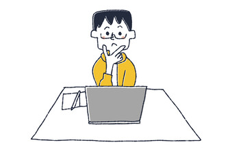 パソコンを使う子供　コミカルな手書きの人物イラスト　ベクター線画にシンプルな色つけ　白バック