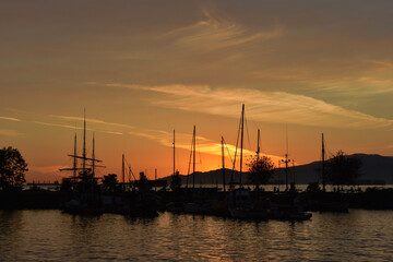 sunset in the harbor in Vancouver off English bay