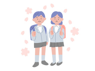 ランドセルを背負った小学生の男女と舞い散る桜のイラスト