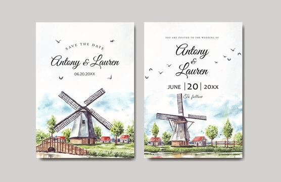 Wedding invitation of nature landscape with windmill and house watercolor