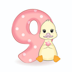 Cute Little Duck with Alphabet Number 9
