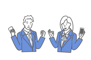 スマートフォンを持った男女の学生のイラスト