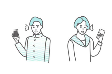 スマートフォンを持った男女の学生のイラスト