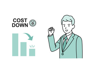 コストダウン　コスト削減に成功する　目標　ビジネスマン　スーツ姿の男性　経費　人件費