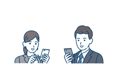 スマートフォンを操作するスーツ姿の男女　会社員　携帯電話　使う　仕事