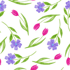 Watercolor seamless hand drawn pattern with spring summer flowers, blue daisy pink tulip. Elegant minimalist design for wedding invitations textile wrapping paper, natural garden concept.