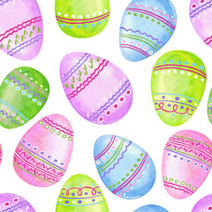 Watercolor seamless hand drawn pattern with Easter eggs bunnies rabbit in pastel pink green blue colors. Spring april background for party decor wrapping paper textile.