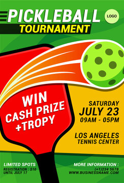 pickleball tournament flyer vector template with bright colors.