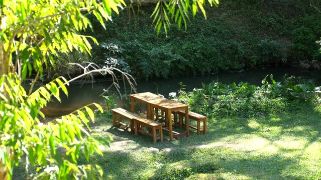 Wooden table and benches near river among tropical trees and greenery. Green cafe in hot sunny day. Eat on fresh air in garden. No people in restaurant