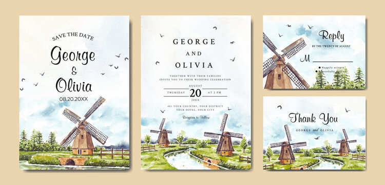 Wedding invitation of nature landscape with windmill and river watercolor