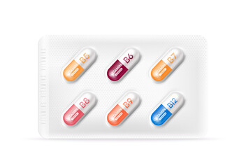 Capsule vitamin B serum with chemical formula. Beauty health care. Pills antibiotics isolated on white background. Healthcare medical pharmaceutical concepts. 3D Packaging for drugs pack. Vector.
